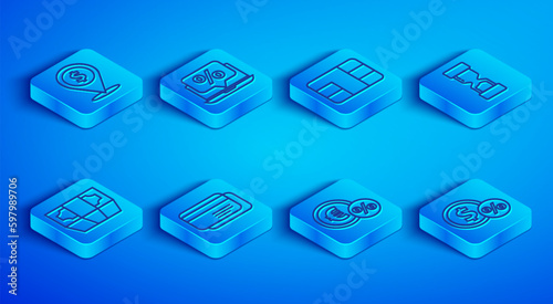 Set line Cash location, Percent discount and laptop, Credit card with chip, Money coin percent, Old hourglass, Stacks paper money cash and icon. Vector