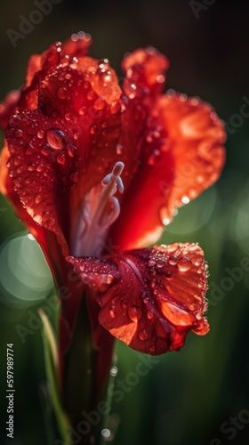 Close-up of Vibrant Red Gladiolus Flower with Dew Drops on Petals. Generative AI.