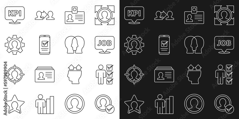 Set line Create account screen, User of man in business suit, Speech bubble with job, Identification badge, Smartphone, Human gear, Key performance indicator and Project team base icon. Vector