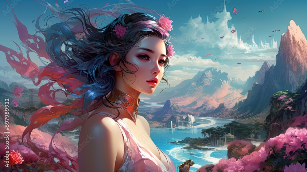Title: Illustration of a Fantasy woman and abstract art, AI Generated