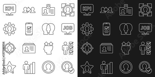 Set line Create account screen, User of man in business suit, Speech bubble with job, Identification badge, Smartphone, Human gear, Key performance indicator and Project team base icon. Vector