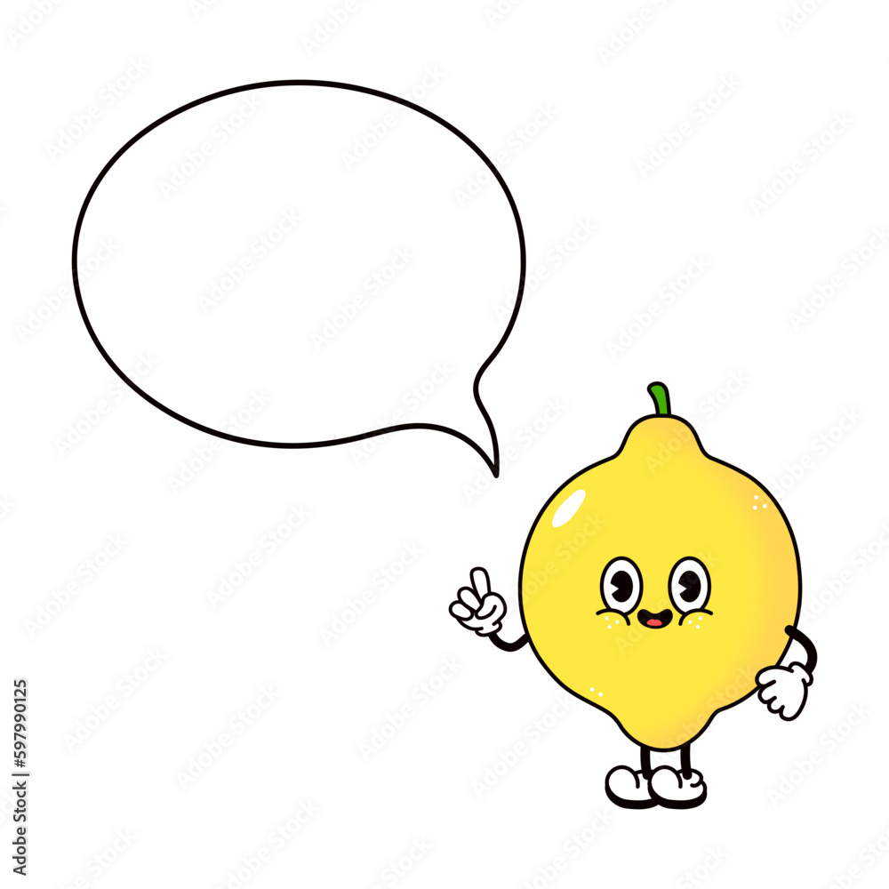 Cute funny Lemon with speech bubble character. Vector hand drawn traditional cartoon vintage, retro, kawaii character illustration icon. Isolated white background. Lemon character