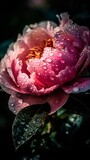 Close-up of Beautiful Pink Peony Flower with Dew Drops on Petals. Generative AI.