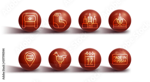 Set line Ushanka, Location Russia, King crown, Calendar 12 june, Cockerel lollipop, Valenki, Made and Church building icon. Vector
