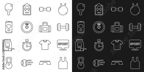 Set line Sleeveless T-shirt, Location gym, Dumbbell, Weight plate, Mobile with heart rate, Racket and ball and Sport bag icon. Vector