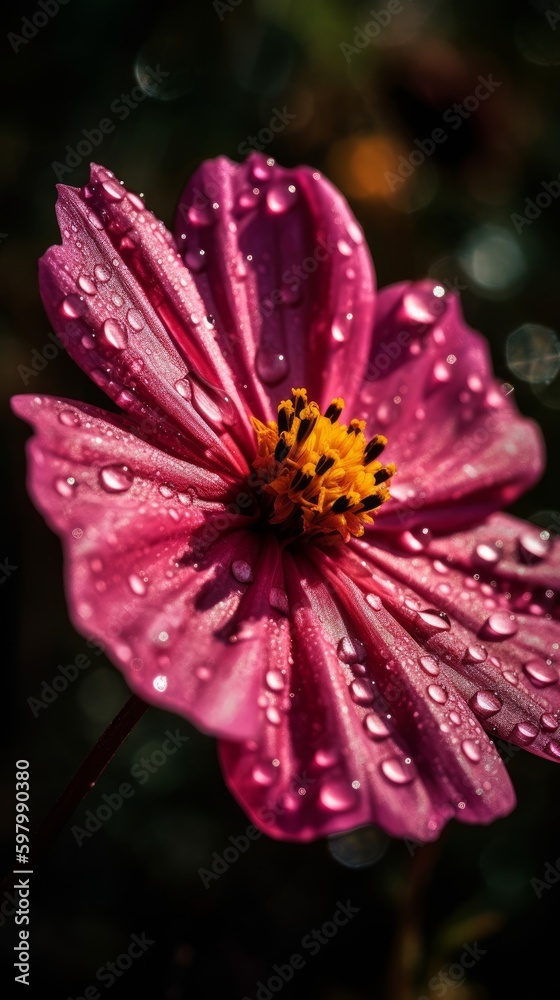 Close-up of Beautiful Pink Cosmos Flower with Dew Drops on Petals. Generative AI. Close-up of Beautiful Pink Cosmos Flower with Dew Drops on Petals. Generative AI.