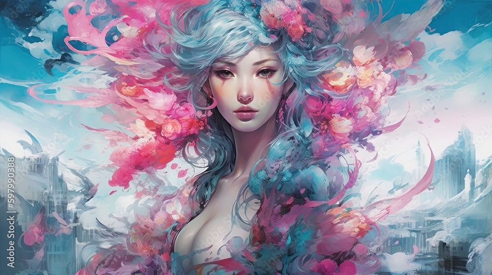 Fototapeta premium Title: Illustration of a Fantasy woman and abstract art, AI Generated.