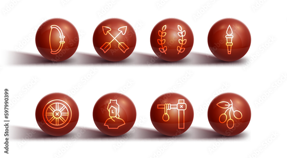 Set line Medieval bow, Old wooden wheel, Torch flame, Gallows, Ancient bust sculpture, Crossed arrows, Olives branch and Laurel wreath icon. Vector Set line Medieval bow, Old wooden wheel, Torch flame, Gallows, Ancient bust sculpture, Crossed arrows, Olives branch and Laurel wreath icon. Vector