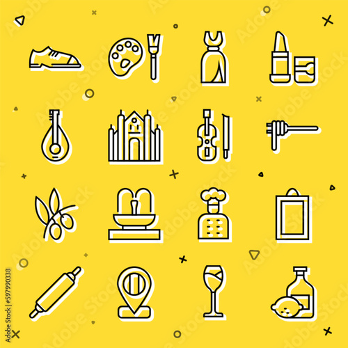 Set line Limoncello bottle, Picture, Pasta spaghetti, Woman dress, Milan Cathedral, Mandolin, Men shoes and Violin icon. Vector