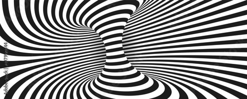 Abstract optical illusion. Hypnotic spiral tunnel with black and white lines. Vector illustration.