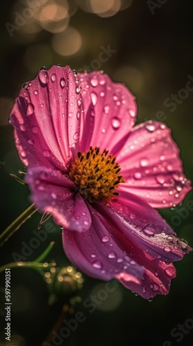 Close-up of Beautiful Pink Cosmos Flower with Dew Drops on Petals. Generative AI.