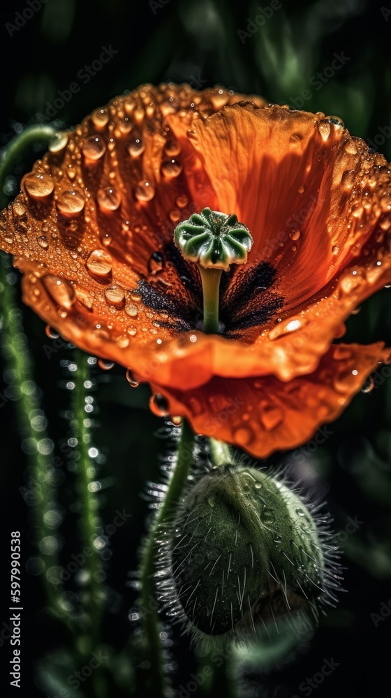 Vibrant Orange Poppy Flower with Dew Drops and Cinematic Flair. Generative AI. Vibrant Orange Poppy Flower with Dew Drops and Cinematic Flair. Generative AI.