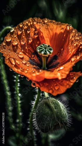 Vibrant Orange Poppy Flower with Dew Drops and Cinematic Flair. Generative AI.