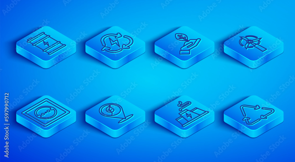 Set line Bio fuel barrel, Battery with recycle, Plant in hand, Location leaf, Power station plant factory, Wind turbine, Electrical outlet and Recycle symbol icon. Vector Set line Bio fuel barrel, Battery with recycle, Plant in hand, Location leaf, Power station plant factory, Wind turbine, Electrical outlet and Recycle symbol icon. Vector