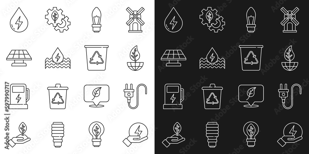 Set line Lightning bolt, Electric plug, Earth globe and leaf, bulb, Water energy, Solar panel, and Recycle bin with recycle icon. Vector Set line Lightning bolt, Electric plug, Earth globe and leaf, bulb, Water energy, Solar panel, and Recycle bin with recycle icon. Vector