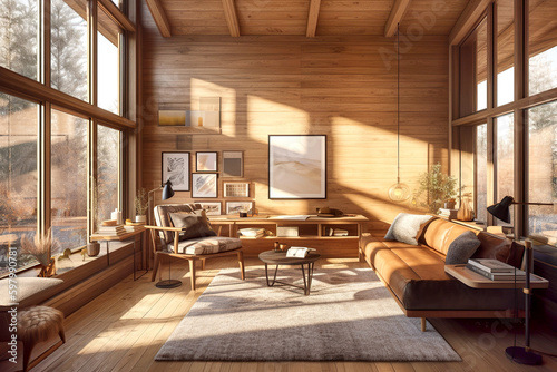 Wooden house in forest  Interior design of modern living room with wooden lining. Created with generative AI