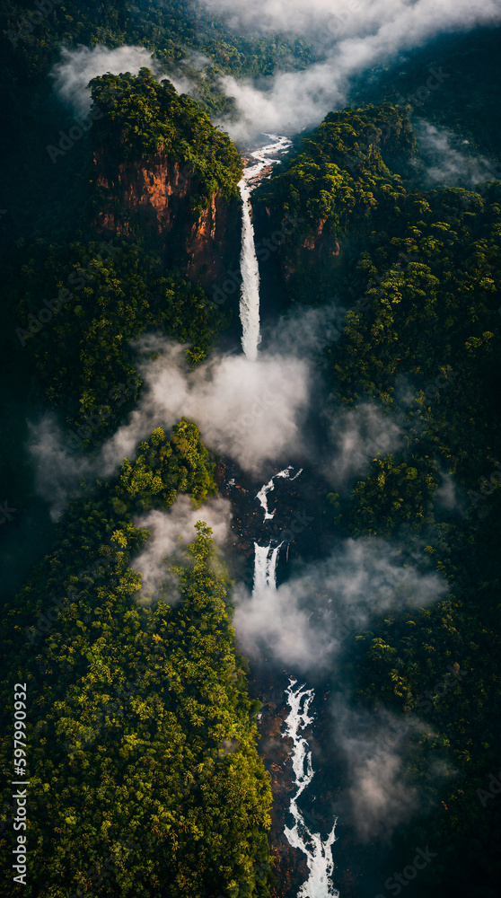 Fototapeta premium Aerial view of tropical rainforest with a giant waterfall. Clouds of fog over a wild river in the jungle. Generative AI