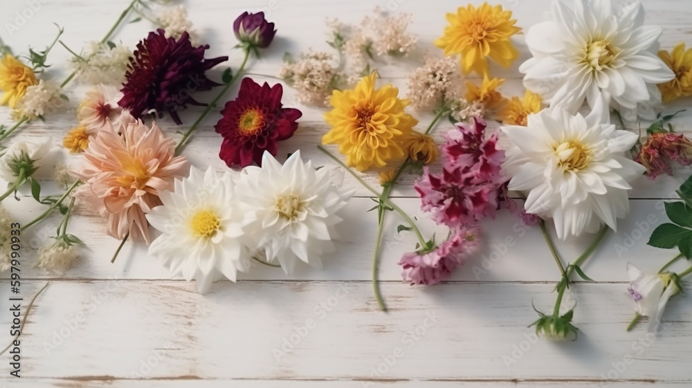 Spring Banner - Multicolour Blossoms On White Wooden Plank. Background. Blurry Background. template, Bokeh, Generative AI