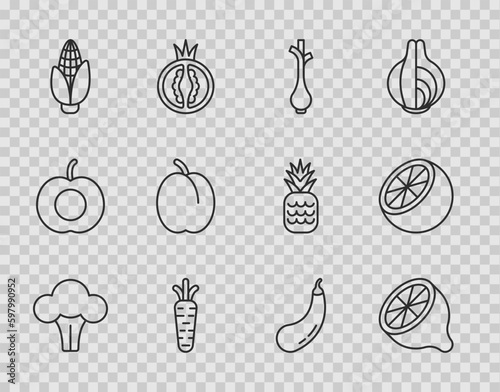 Set line Broccoli, Lemon, Fresh green onions, Carrot, Corn, Plum fruit, Eggplant and Orange icon. Vector