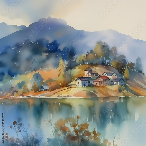 Village Lake Watercolor. Generative AI