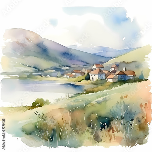 Village Lake Watercolor. Generative AI