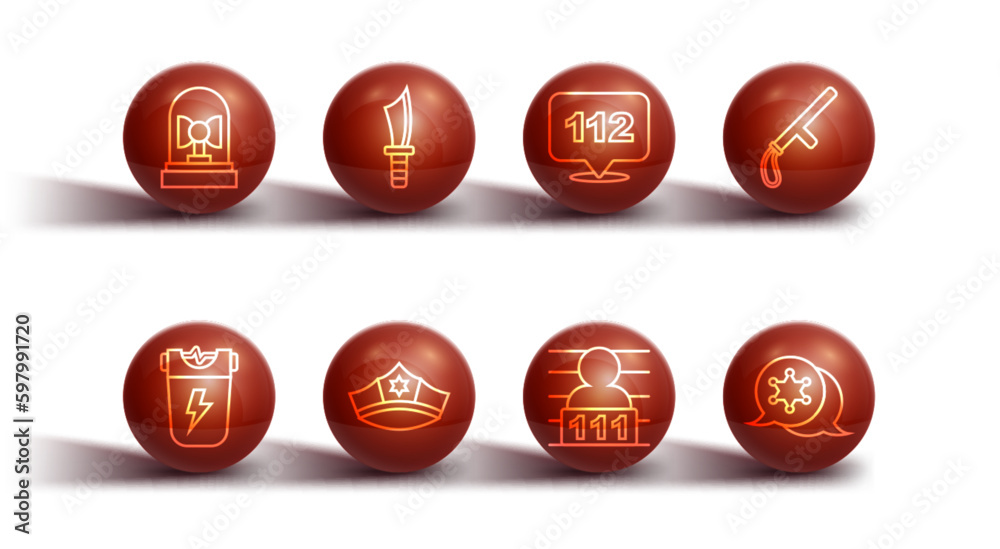 Set line Flasher siren, Police electric shocker, rubber baton, Suspect criminal, cap with cockade, Military knife, Hexagram sheriff and Telephone call 112 icon. Vector Set line Flasher siren, Police electric shocker, rubber baton, Suspect criminal, cap with cockade, Military knife, Hexagram sheriff and Telephone call 112 icon. Vector
