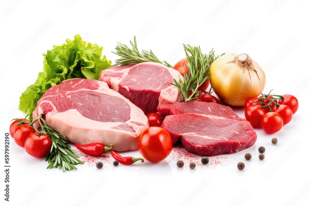 raw meat and vegetables on white background -Ai raw meat and vegetables on white background -Ai