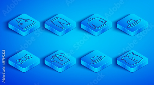 Set line Handbag, Pants, Sweater, Shirt, Man hat, Bow tie and Waistcoat icon. Vector