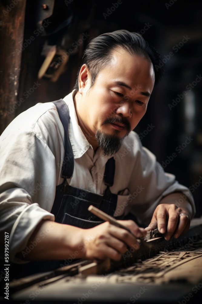 In his humble workshop, a skilled Japanese carpenter, wise with age, meticulously crafts a wooden masterpiece, his experienced hands guiding the chisel. Generative AI