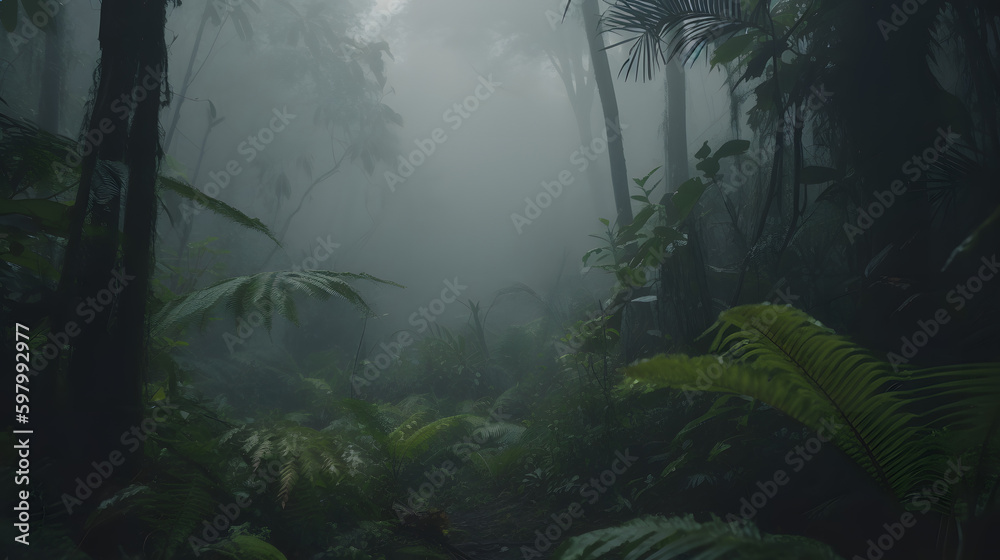 Exotic Tropical Rainforest With Dense Fog
