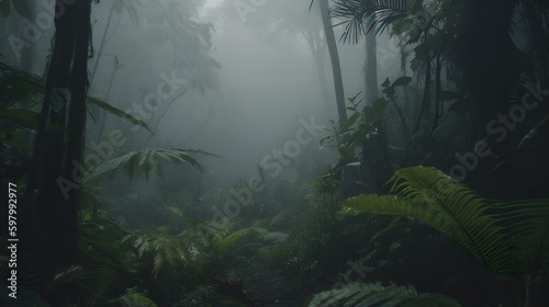 Exotic Tropical Rainforest With Dense Fog