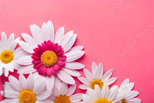 Top view white  pink and yellow flowers composition over pastel background with copy space