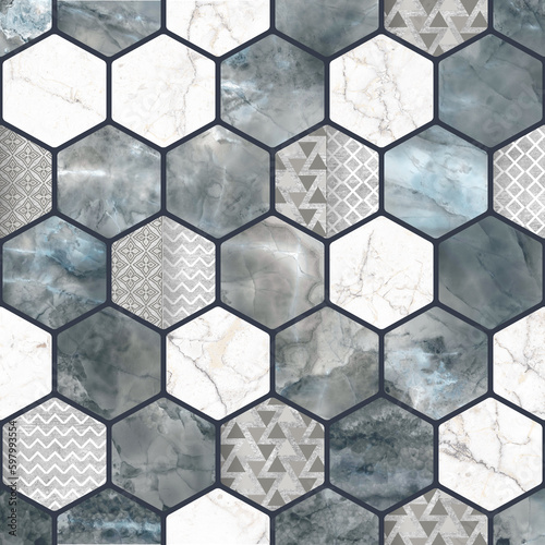 hexagon shaped white and blue marble pattern background