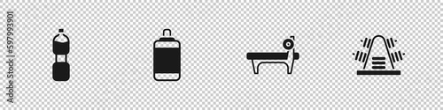 Set Bottle of water, Punching bag, Bench with barbel and Metal rack weights icon. Vector