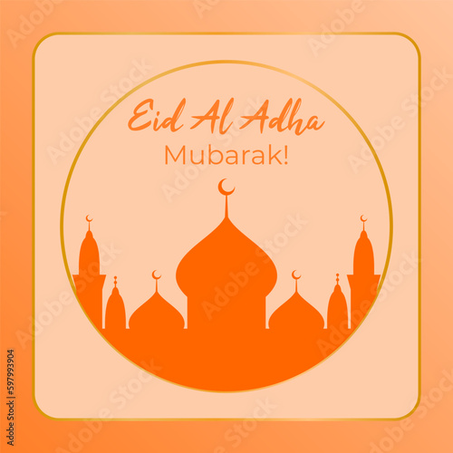 Eid al adha Mubarak for a greeting card with an orange mosque silhouette isolated in creamy background. Beautiful eid al adha mubarak with mosque background design vector. 