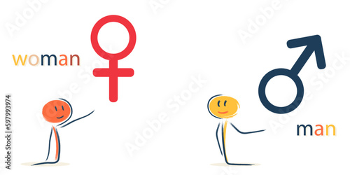 characters show the difference between male and female. gender equality, freedom, children's education