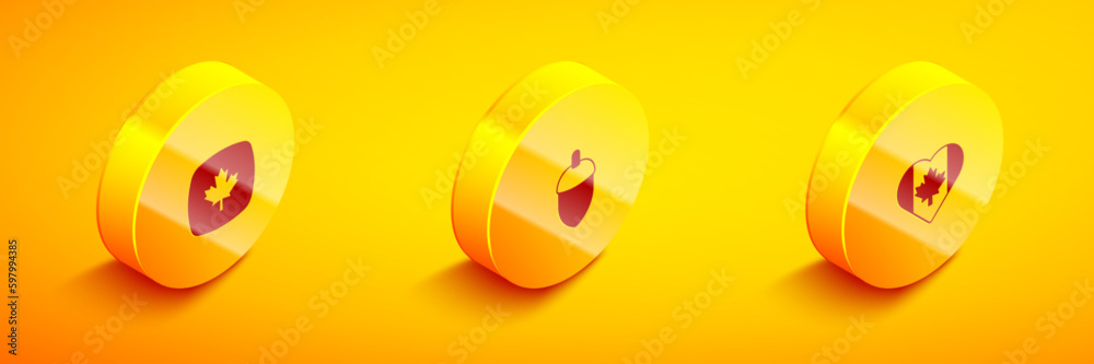 Set Isometric Canadian maple leaf, Acorn and Heart shaped Canada flag icon. Vector Set Isometric Canadian maple leaf, Acorn and Heart shaped Canada flag icon. Vector