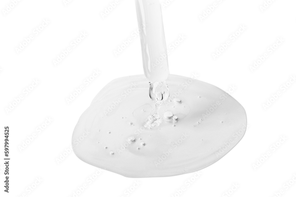 A flowing transparent gel from an eyedropper. Large droplet with bubbles of gel. No background. PNG A flowing transparent gel from an eyedropper. Large droplet with bubbles of gel. No background. PNG