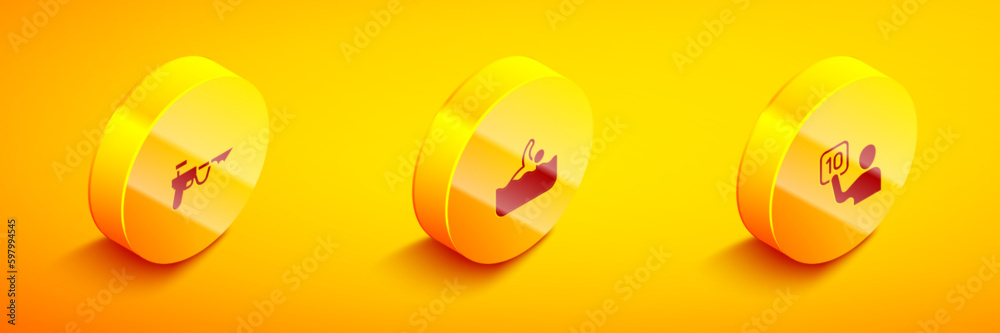 Set Isometric Fishing harpoon, Swimmer and Assessment of judges icon. Vector Set Isometric Fishing harpoon, Swimmer and Assessment of judges icon. Vector