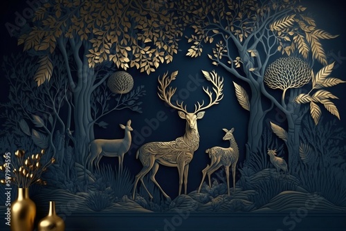 Dark Blue Forest Scene with Gold Christmas Tree, Mountain, Deer, Birds, and Waves on a Dark Blue Background, Generative AI © AIstudio1