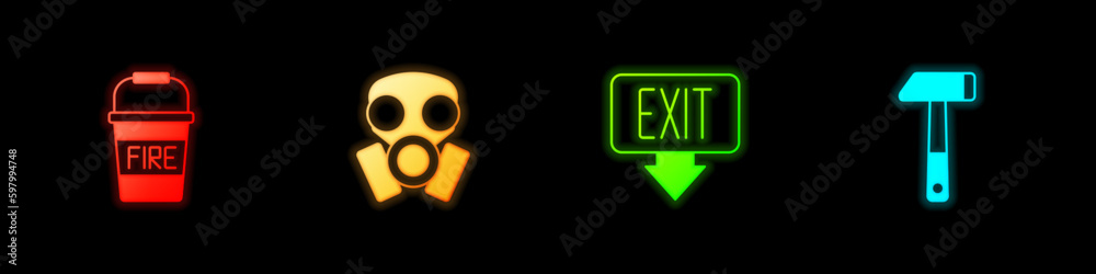 Set Fire bucket, Gas mask, exit and Hammer icon. Vector Set Fire bucket, Gas mask, exit and Hammer icon. Vector
