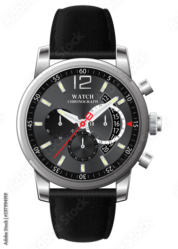Realistic clock watch chronograph dark silver leather strap black on white background vector