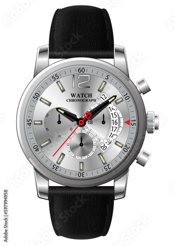 Realistic clock watch chronograph silver leather strap black on white background vector