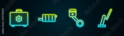 Set line Toolbox, Car muffler, Engine piston and Windscreen wiper. Glowing neon icon. Vector
