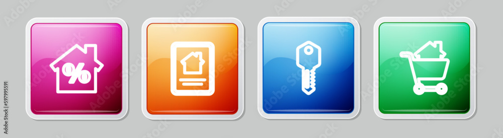 Set line House with percant discount, Online real estate house, key and Shopping cart. Colorful square button. Vector Set line House with percant discount, Online real estate house, key and Shopping cart. Colorful square button. Vector