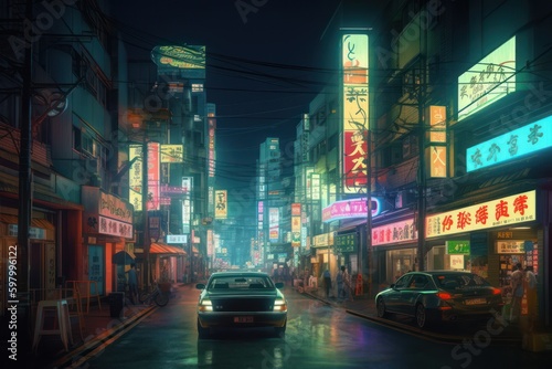 Cyberpunk Tokyo Neon Japanese Cityscape Vintage City Illustration © Layerform