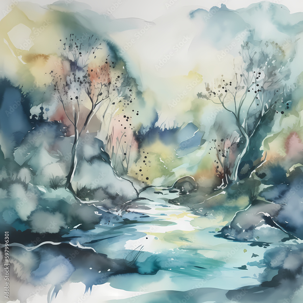 Village River Landscape Watercolor. Generative AI