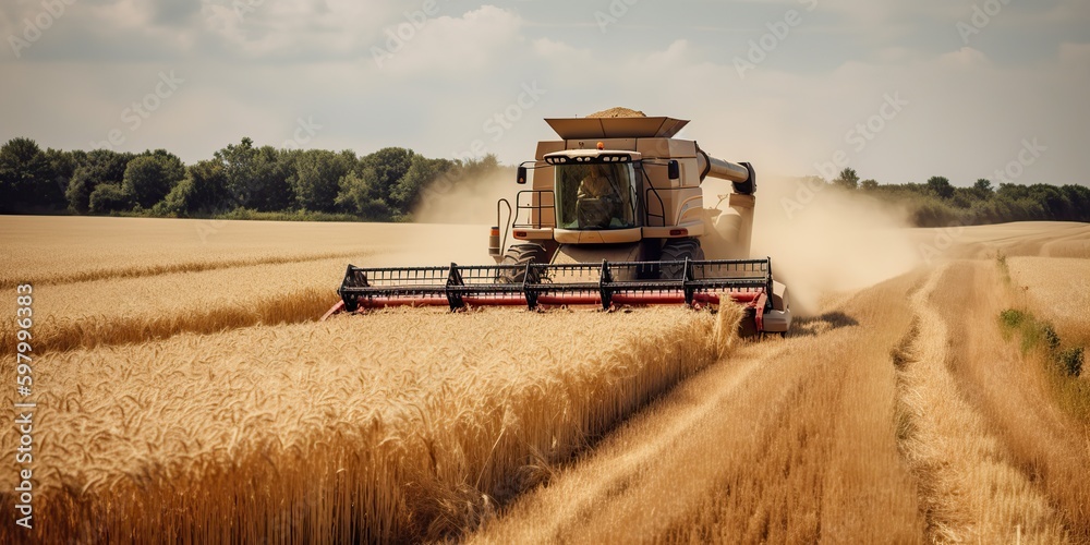Obraz premium AI Generated. AI Generative. Harvester combine ctractor at sunset field of wheat grain plant. Farmer outdoor inspirational vibe. Graphic Art
