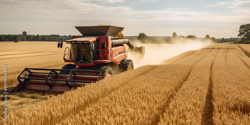 Obraz premium AI Generated. AI Generative. Harvester combine ctractor at sunset field of wheat grain plant. Farmer outdoor inspirational vibe. Graphic Art