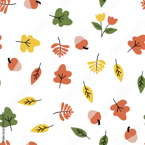 Seamless pattern of cute hand drawn autumn leaves and acorn icon set. Drawing doodle. Art abstract concept. Nature and seasonal theme. Isolated white background. Vector illustration.